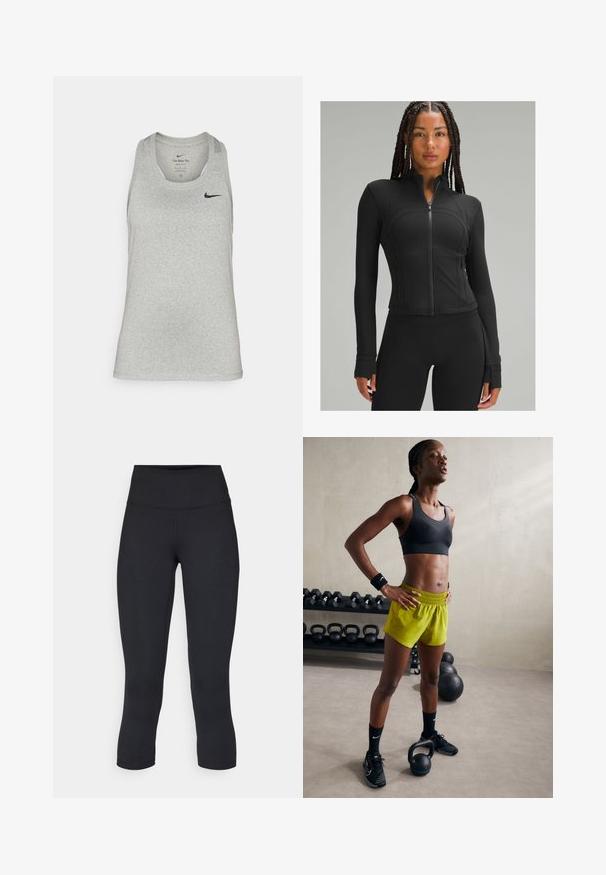Zwarte sportjack met hoge kraag, volledige rits, aansluitend design, platte naden en duimgaten bij de mouwen. Glad, stretchmateriaal.; Lichtgrijs mouwloos sporthemd gemaakt van zachte stof, met een ronde halslijn en een klein zwart Nike-logo op de linkerborst.; Zwarte cropped leggings van rekbaar materiaal, met een hoge tailleband en een gladde textuur, zonder zichtbare patronen of hardware.; Zwarte sportbeha, felgele shorts met een elastische tailleband, zwarte sportschoenen en polsbanden, staande naast kettlebells.