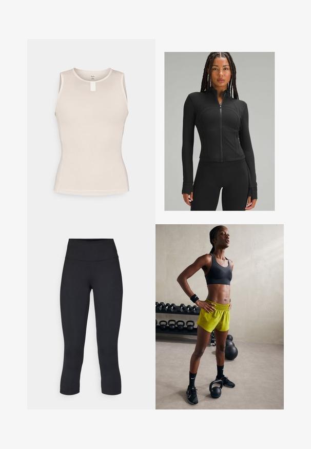 Jachetă sport neagră cu guler înalt, fermoar complet, design ajustat, cusături plate și orificii pentru degete la manșete. Material neted și elastic.; Top fără mâneci de culoare bej deschis, cu un design din plasă texturată, decolteu rotund și o etichetă mică albă la mijlocul spatelui.; Leggings negre scurte, fabricate dintr-un material elastic, având o talie înaltă și o textură netedă, fără modele sau accesorii vizibile.; Sutien sport negru, pantaloni scurți galbeni strălucitori cu talie elastică, pantofi sport negri și brățări pe încheietură, stând lângă kettlebells.