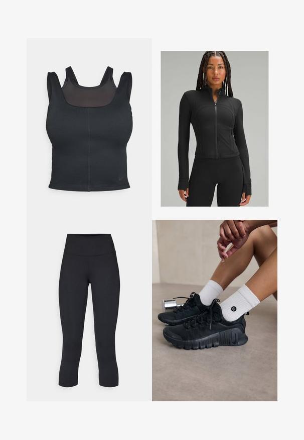 Zwarte sportjack met hoge kraag, volledige rits, aansluitend design, platte naden en duimgaten bij de mouwen. Glad, stretchmateriaal.; Zwarte sportbh met een verstelbaar ontwerp, brede schouderbanden en een gaasoverlay aan de voorkant. Gladde textuur en minimale naden. Nike-logo aan de onderkant.; Zwarte cropped leggings van rekbaar materiaal, met een hoge tailleband en een gladde textuur, zonder zichtbare patronen of hardware.; Zwarte sport schoenen van een gestructureerde stof, met vetersluiting en een opvallende zool, gecombineerd met witte geribbelde sokken met een klein logo.