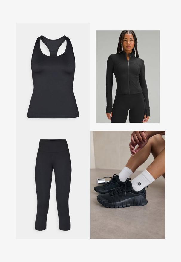 Melnā sporta jaka ar augstu apkakli, pilnu rāvējslēdzēju, pieguļošu dizainu, līdzenām šuvēm un caurumiem īkšķiem pie piedurknēm. Gluda, elastīga auduma.; Melna sporta bezmaku bouti topa krekls ar pieguļošu dizainu un bezšuvēm, izgatavots no gluda, elastīga auduma.; Melnas apgrieztas legingi, izgatavoti no elastīga auduma, ar augstu jostasvietu un gludu tekstūru, bez redzamām rakstu vai aksesuāriem.; Melnas sporta kurpes ar teksturētu audumu, saistītu dizainu un izteiktu zoli, savienotas ar baltām ribotām zeķēm ar mazu logo.