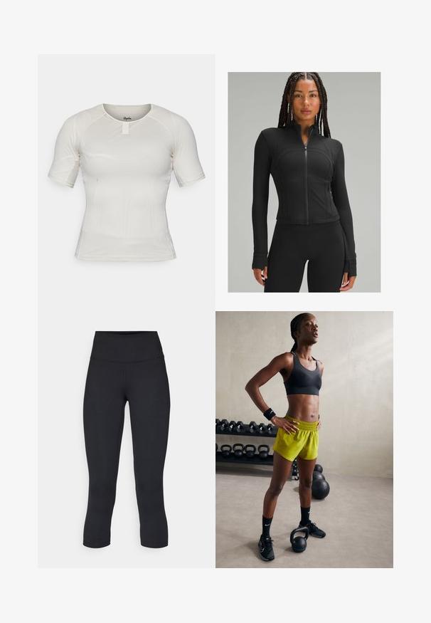 Chaqueta atlética negra con cuello alto, cierre completo, diseño ajustado, costuras planas y agujeros para los pulgares en los puños. Tejido suave y elástico.; Camiseta deportiva de manga corta en tejido de malla color beis claro, con cuello redondo y detalle de pestaña en el frente. Diseño ajustado y elástico para mayor comodidad.; Leggings negros cortos hechos de tela elástica, con una cintura alta y una textura suave, sin patrones o herrajes visibles.; Sujetador deportivo negro, pantalones cortos amarillos brillantes con cinturilla elástica, zapatillas de deporte negras y muñequeras, de pie junto a kettlebells.