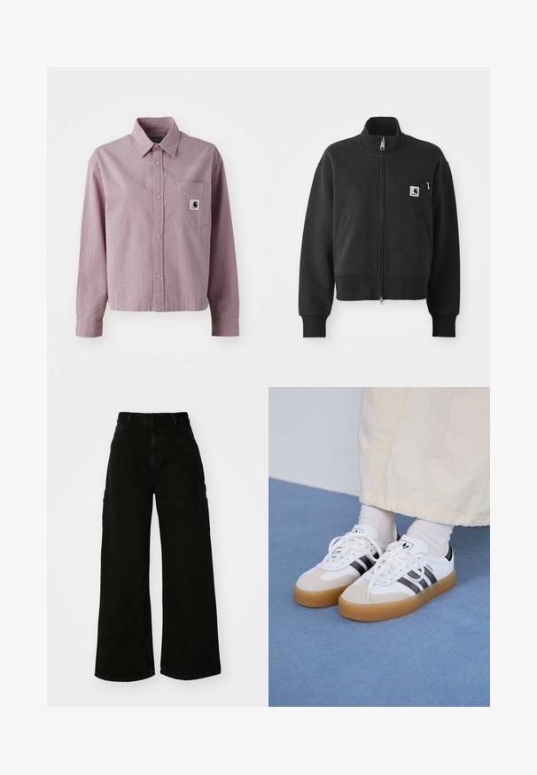 Jachetă neagră cu fermoar, în design scurt, cu guler înalt, buzunare frontale și un mic buzunar pe piept cu accent logo. Textură moale a materialului.; Cămașă roz deschis, cu nasturi, cu un model texturat, mâneci lungi, o buzunar pe piept și un etichetă mică cu logo pe buzunar.; Pantaloni cargo negri, cu pantaloni largi din denim, având talie înaltă, închidere cu fie-button în față și buzunare laterale. Textură netedă cu cusături minime.; Adidași albi cu dungi negre și accente din suede bej. Au talpă din cauciuc texturat și șireturi albe plate, purtați cu șosete de culori deschise.