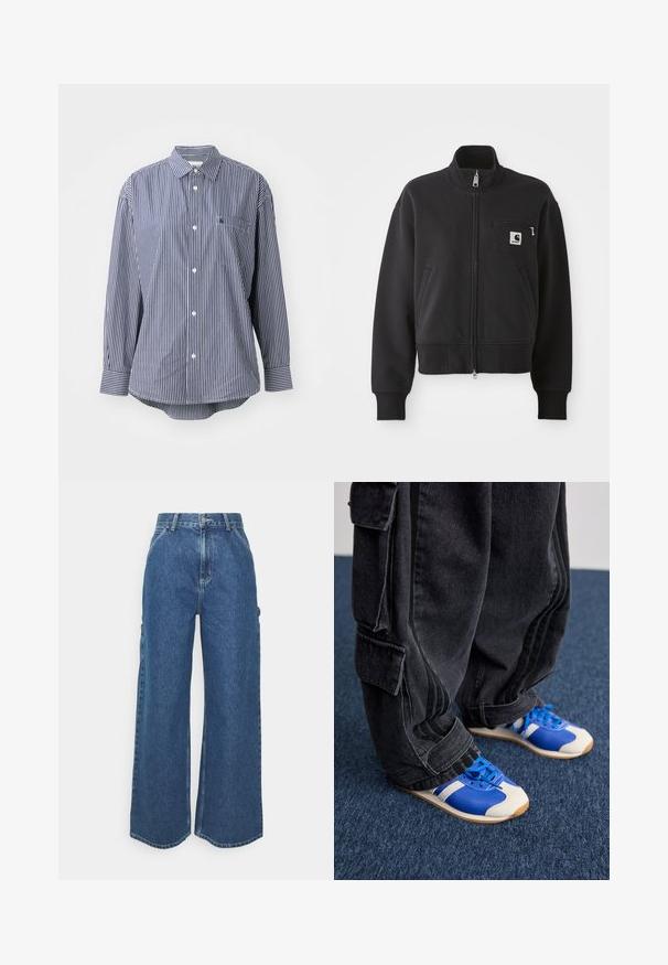 Svart zip-up jacka i en kort design, med hög krage, framfickor och en liten bröstficka med logotype. Mjuk tygtextur.; Marinblå och vit randig långärmad skjorta med klassisk krage, bröstficka och knappstängning. Mjukt tyg med en slät yta.; Breda ljusblå denimbyxor med hög midja, kontrasterande sömmar och sidofickor, som har en klassisk femficksdesign och råa kanter.; Person som bär lösa svarta cargobyxor och blåa och vita sneakers stående på en mörkblå matta.