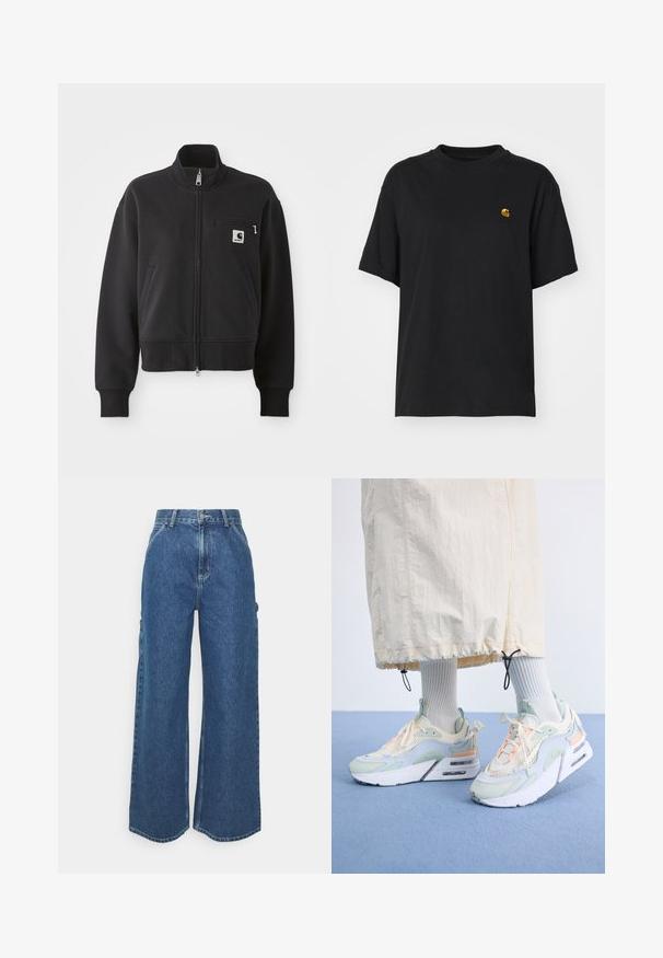 Fekete, cipzáros dzseki cropped szabásban, magas gallérral, elülső zsebekkel és kis mellzsebbel, amelyen logó található. Puha anyagú textúra.; Fekete pamut póló laza szabással. Kerek nyakkal és rövid ujjakkal rendelkezik. A mellkason egy kis arany hímzett logó található.; Széles szárú, kék farmernadrág magas derékkal, kontrasztos varrással és oldalsó zsebekkel, klasszikus öt zsebes kialakítással és nyers szegéllyel.; Nike Sportswear AIR MAX FURYOSA - Sportcipő - sail/crimson tint/pale ivory/light silver/football grey/white