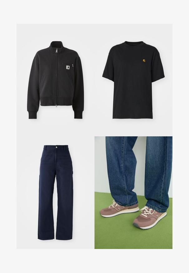Jaqueta preta com fecho zip em design cropped, apresentando um colarinho alto, bolsos frontais e um pequeno bolso no peito com detalhe de logo. Textura de tecido macio.; T-shirt de algodão preto com um corte descontraído. Apresenta um decote redondo e mangas curtas. Inclui um pequeno logotipo bordado a dourado no peito.; Calças de cargo largas em azul-marinho, feitas de um tecido de algodão resistente, com bolsos laterais e um fecho de botão na cintura.; Ténis atléticos castanhos e malvas com atacadores brancos e sola bege. Usados com jeans de ganga azuis, colocados sobre uma superfície verde.