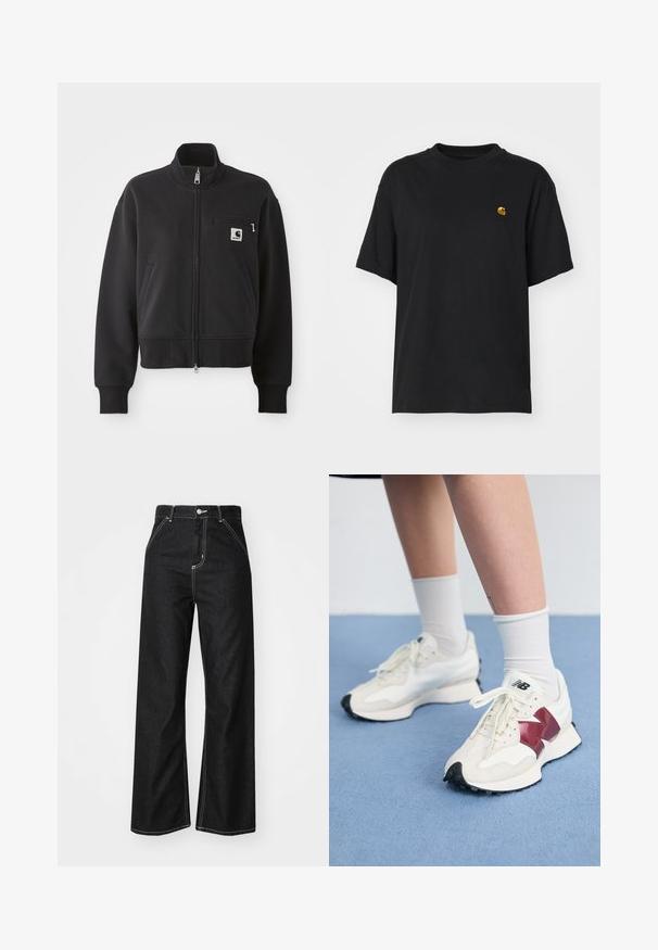 Melnā rāvējslēdzēja jaka īsā dizainā, ar augstu apkakli, priekšējiem kabatām un mazo krūšu kabatu ar logo akcentu. Mīkstas auduma tekstūra.; Melnas kokvilnas T-krekls ar brīvu piegriezumu. Iezīmē apaļu kakla un īsām piedurknēm. Iekļauts neliels zelta izšūts logo krūšu daļā.; Melnas denima plašās kājas bikses ar kontrastējošiem baltiem šuvumiem, augstu jostu, piecu kabatu dizainu un pogas aizvēršanu.; Balti sporta apavi ar tumši sarkaniem akcentiem, teksturētām detaļām, plakanu melnu zoli un gaišajām šņorēm, valkāti ar baltām potīšu zeķēm.