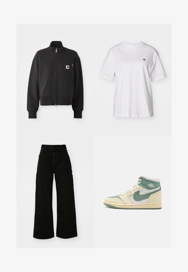 Black zip-up jacket in a cropped design, featuring a high collar, front pockets, and a small chest pocket with logo accent. Soft fabric texture.; White cotton t-shirt with a relaxed fit, short sleeves, and a small embroidered logo on the left chest area.; Black wide-leg cargo pants made of denim, featuring a high waist, front button closure, and side pockets. Smooth texture with minimal stitching.; Jordan AIR JORDAN 1 HIGH METHOD OF MAKE - High-top trainers - coconut milk/jade smoke/sail