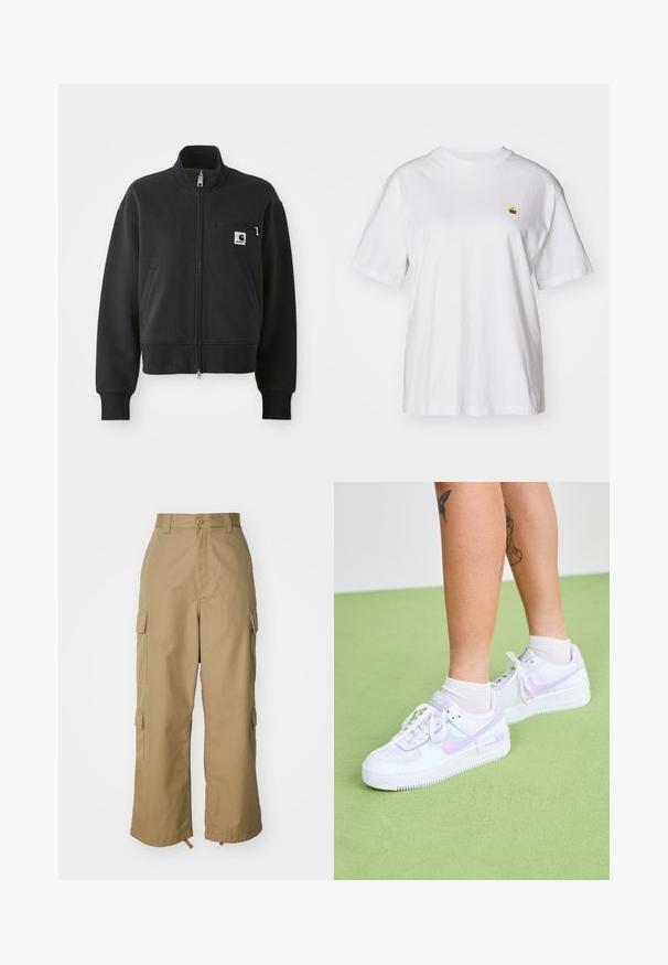 Melnā rāvējslēdzēja jaka īsā dizainā, ar augstu apkakli, priekšējiem kabatām un mazo krūšu kabatu ar logo akcentu. Mīkstas auduma tekstūra.; Balta kokvilnas T-kreklā ar brīvu piegriezumu, īsām piedurknēm un mazu izšūtu logotipu kreisajā krūtīs.; Bēša kravas bikses ar augstu jostasvietu, platām kājām un četriem lieliem sānu kabatām. Izgatavotas no izturīgas auduma ar gludu tekstūru un minimālām detaļām.; Nike Sportswear AF1 SHADOW - Sporta apavi - white/lilac bloom/photon dust/white