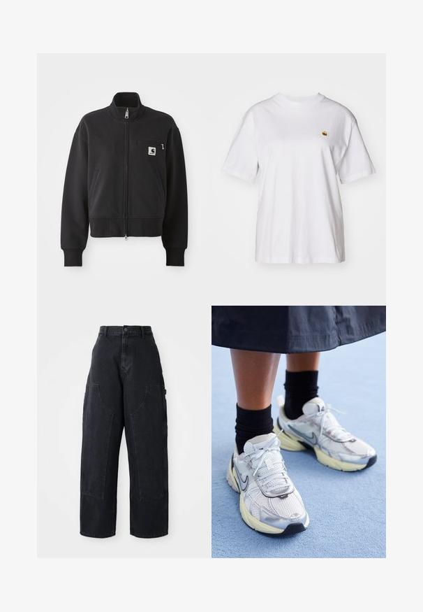 Jachetă neagră cu fermoar, în design scurt, cu guler înalt, buzunare frontale și un mic buzunar pe piept cu accent logo. Textură moale a materialului.; Tricou alb din bumbac cu o croială lejeră, mâneci scurte și un mic logo brodat în zona stângă a pieptului.; Pantaloni cargo din denim negru, cu croială largă și talie înaltă, două buzunare mari în față și închidere cu nasture la talie. Textură netedă, design casual.; Adidași Nike albi și argintii, cu material din plasă, accente reflexive și talpă bej. Purtați cu șosete negre, stând pe o suprafață albastră.
