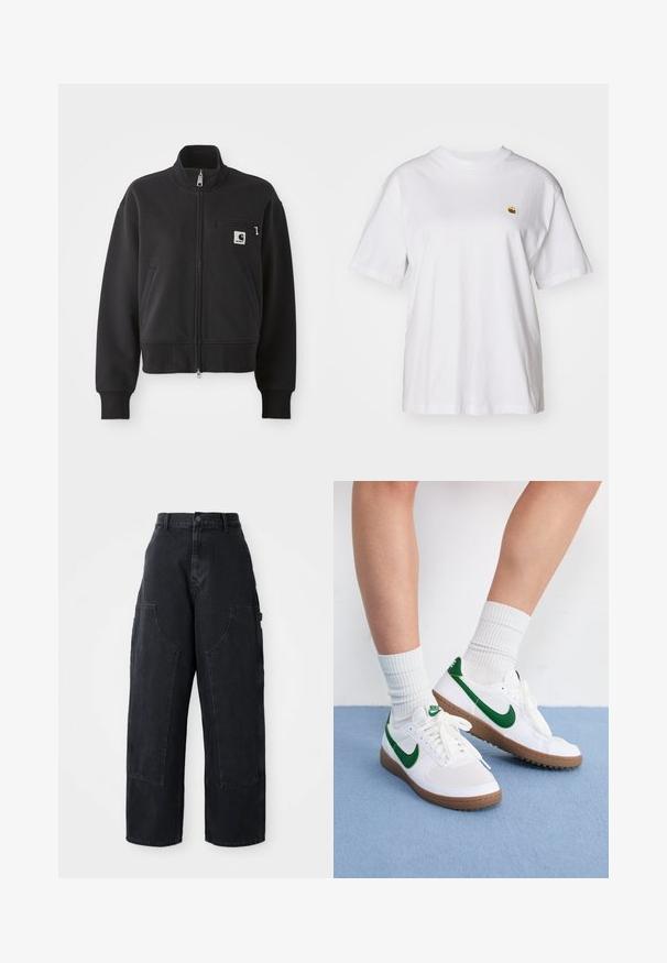 Fekete, cipzáros dzseki cropped szabásban, magas gallérral, elülső zsebekkel és kis mellzsebbel, amelyen logó található. Puha anyagú textúra.; Fehér pamut póló laza szabással, rövid ujjakkal és egy kis hímzett logóval a bal mellrészén.; Fekete, bő szárú, magas derekú farmernadrág, két nagy elülső zsebbel és gombos derékzárral. Simas textúra, hétköznapi dizájn.; Fehér sportcipők zöld részletekkel és logóval. Gumitalp barna textúrával. Fűzős dizájn, fehér bordázott zoknikkal párosítva.