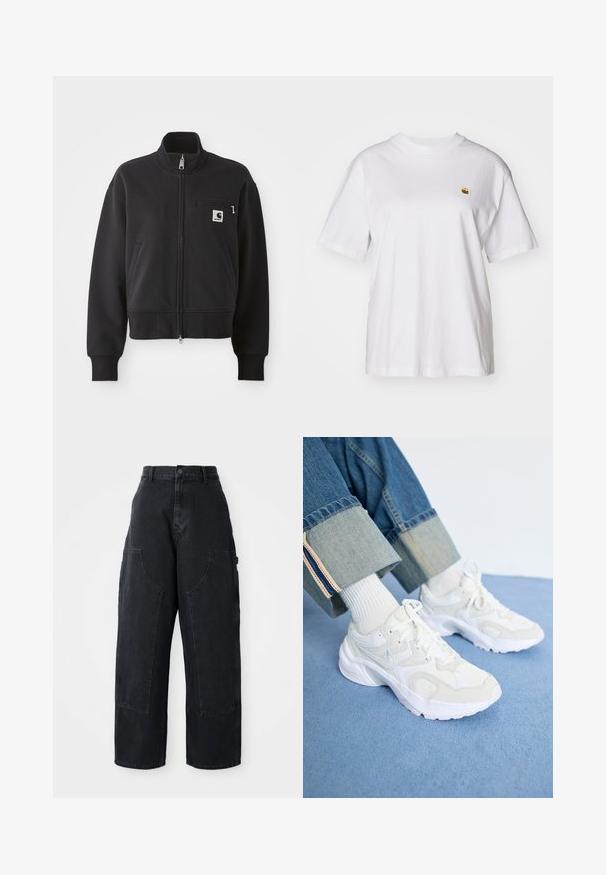 Crna zip-up jakna u skraćenom dizajnu, s visokim ovratnikom, prednjim džepovima i malim džepom na prsima s akcentom logotipa. Mekana tekstura tkanine.; Bijela pamučna majica s opuštenim krojem, kratkim rukavima i malim izvezenim logom na lijevoj strani prsnog dela.; Crne traper široke cargo hlače s visokim strukom, dva velika prednja džepa i zatvaranjem na dugme u struku. Glatka tekstura, ležeran dizajn.; Bijele atletske tenisice izrađene od mrežaste i sintetičke tkanine, s debelim potplatom i teksturiranim dizajnom, uparene s bijelim rebrastim čarapama.