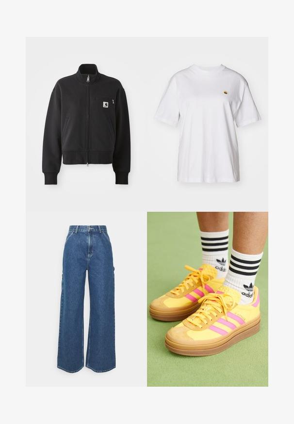 Črna zadrga jakna s skrajšano zasnovo, ki ima visok ovratnik, sprednje žepke in majhen žep na prsih z logotipom. Mehka tekstura tkanine.; Bela bombažna majica s sproščenim krojem, kratkimi rokavi in majhnim vezenim logotipom na levi strani prsnega predela.; Široke modre denim hlače z visokim pasom, kontrastnim šivom in stranskimi žepi, ki vključujejo klasičen pet-džepni dizajn in robove brez obdelave.; adidas Originals GAZELLE BOLD - Športni copati - spark/lucid pink/spark