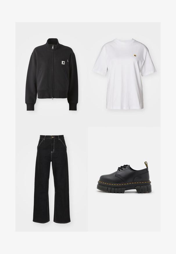 Jaqueta preta com fecho zip em design cropped, apresentando um colarinho alto, bolsos frontais e um pequeno bolso no peito com detalhe de logo. Textura de tecido macio.; T-shirt branca de algodão com um corte descontraído, mangas curtas e um pequeno logótipo bordado na área do peito esquerdo.; Calças de ganga largas pretas, com costuras brancas em contraste e fecho frontal com botão, apresentando dois bolsos frontais inclinados.; Sapatos de couro preto com uma sola espessa e texturizada. As características incluem costura amarela, ponta arredondada e uma alça no calcanhar.