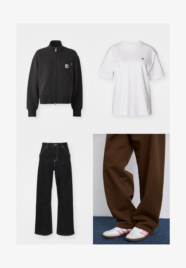 Fekete, cipzáros dzseki cropped szabásban, magas gallérral, elülső zsebekkel és kis mellzsebbel, amelyen logó található. Puha anyagú textúra.; Fehér pamut póló laza szabással, rövid ujjakkal és egy kis hímzett logóval a bal mellrészén.; Fekete, széles szárú farmernadrág, kontrasztos fehér varrással és elülső gombos záródással, két ferde elülső zsebbel.; Barna, széles lábú nadrág vastag anyagból, fehér sportcipővel párosítva, amelyen rózsaszín csíkok és textúrált gumitalp található.