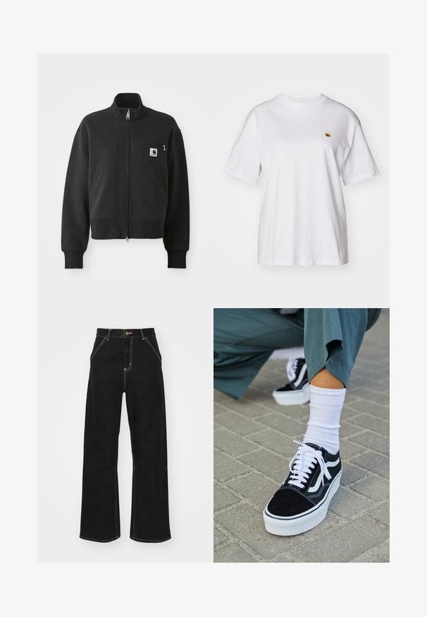Zwarte zip-up jas in een cropped design, met een hoge kraag, voorzakken en een klein borstzakje met logo-accent. Zachte stoftextuur.; Witte katoenen t-shirt met een relaxte pasvorm, korte mouwen en een klein geborduurd logo op de linkerborst.; Zwarte wijde jeans van denim, met contrasterende witte stiksels en een sluiting met knoop aan de voorkant, voorzien van twee schuin geplaatste zakken aan de voorkant.; Zwarte suède sneaker met witte accenten en veters, uitgerust met een dikke witte zool en contrasterende stiksels, gecombineerd met een witte sok.