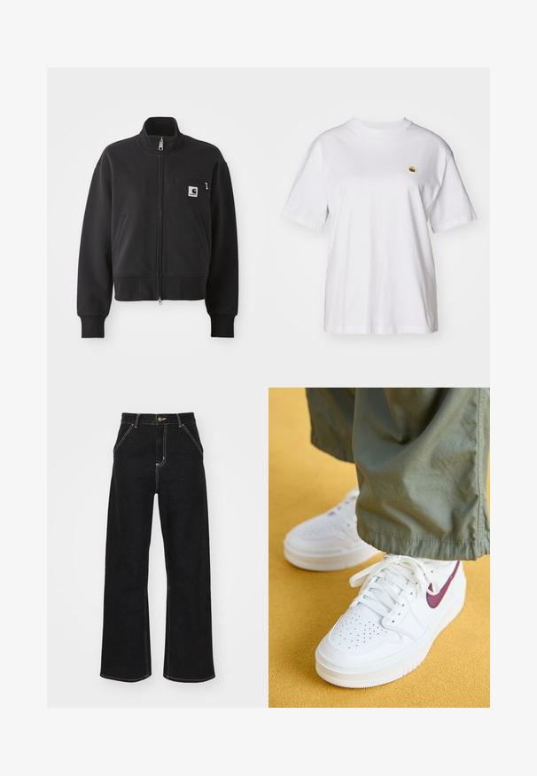 Svart zip-up jakke i en cropped design, med høy krage, frontlommer, og en liten brystlomme med logo-detalj. Myk tekstur.; Hvit bomulls t-skjorte med avslappet passform, korte ermer og en liten brodert logo på venstre brystområde.; Svarte vide jeans laget av denim, med kontrasterende hvite sømmer og en frontknapplukking, samt to skrå frontlommer.; Jordan AIR JORDAN 1 ELEVATE - Joggesko - white/bordeaux/white onyx