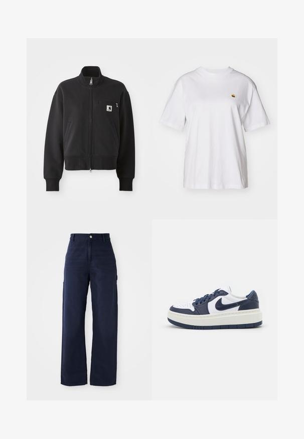 Jachetă neagră cu fermoar, în design scurt, cu guler înalt, buzunare frontale și un mic buzunar pe piept cu accent logo. Textură moale a materialului.; Tricou alb din bumbac cu o croială lejeră, mâneci scurte și un mic logo brodat în zona stângă a pieptului.; Pantaloni cargo largi de culoare bleumarin, confecționați dintr-un material din bumbac rezistent, cu buzunare laterale și închidere cu buton în talie.; Tenisși albi și bleumarin, cu talpă groasă, logo Nike swoosh, design cu șireturi și cutie perforată a degetelor, vedere laterală pe fundal alb.