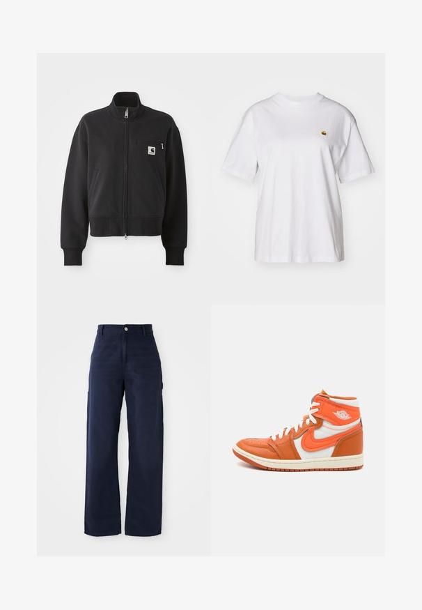 Black zip-up jacket in a cropped design, featuring a high collar, front pockets, and a small chest pocket with logo accent. Soft fabric texture.; White cotton t-shirt with a relaxed fit, short sleeves, and a small embroidered logo on the left chest area.; Navy blue wide-leg cargo pants with a sturdy cotton fabric, featuring side pockets and a button closure at the waist.; High-top sneakers featuring orange leather and white textile panels, with a rubber sole and prominent logo detail on the side.