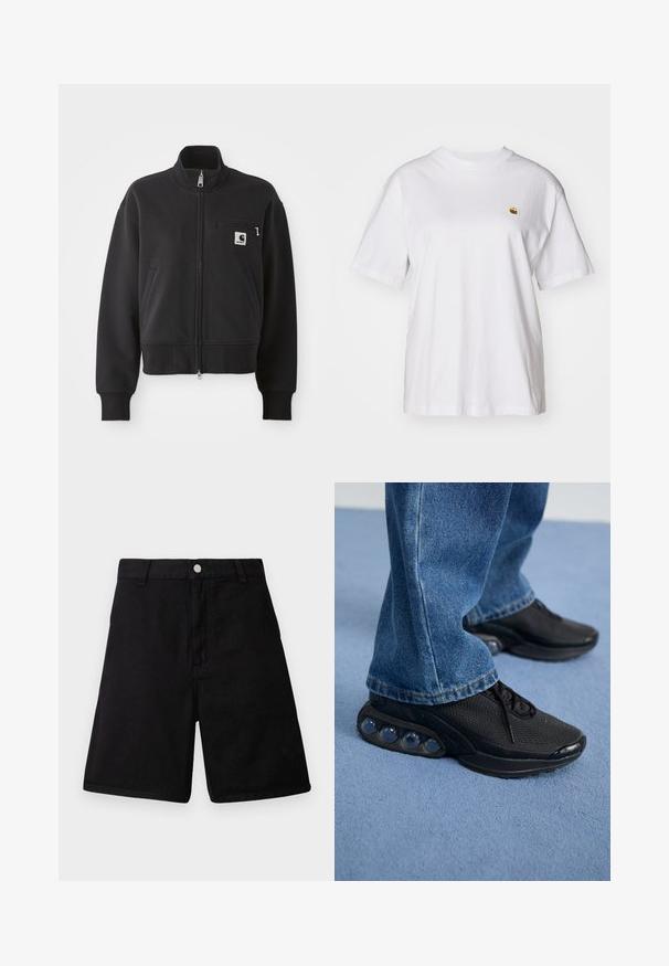 Jaqueta preta com fecho zip em design cropped, apresentando um colarinho alto, bolsos frontais e um pequeno bolso no peito com detalhe de logo. Textura de tecido macio.; T-shirt branca de algodão com um corte descontraído, mangas curtas e um pequeno logótipo bordado na área do peito esquerdo.; Calções pretos feitos de tecido durável, com um design de corte reto, bolsas frontais, fecho de zíper e botão de metal.; Ténis atléticos pretos com parte superior em malha, detalhes texturizados e almofadas de amortecimento de ar visíveis na sola. Usados com uns jeans de ganga azuis.