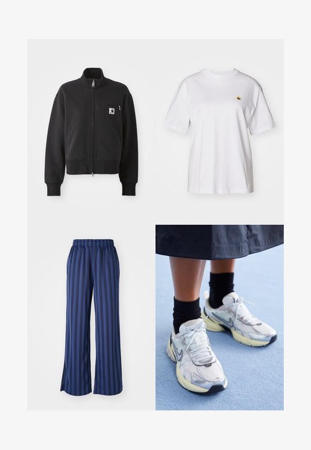 Juodas užtrauktukas striukė trumpu dizainu, su aukštu apykaklė, priekinėmis kišenėmis ir maža krūtinės kišene su logotipo akcentu. Minkšta audinio tekstūra.; Balta medvilnė marškinėliai su laisvu sijonu, trumpomis rankovėmis ir maža siuvinėta logo kairėje krūtinės pusėje.; Plati kojinės kelnės, pagamintos iš lygaus, tampraus audinio su tamsiai mėlynomis juostelėmis. Juosmuo yra elastingas, o šonuose yra įpjovimai, leidžiantys judėti.; Balti ir sidabriniai Nike sportbačiai su tinkline medžiaga, atspindinčiais akcentais ir smėlio spalvos padu. Dėvimi su juodomis kojinėmis, stovint ant mėlynos paviršiaus.