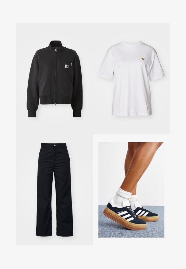 Veste zippée noire au design court, dotée d'un col haut, de poches avant et d'une petite poche poitrine avec un accent de logo. Texture de tissu douce.; T-shirt en coton blanc avec une coupe décontractée, des manches courtes et un petit logo brodé sur la poitrine gauche.; Pantalons larges noirs en tissu durable, dotés d'une fermeture à bouton à l'avant, de deux poches latérales et d'une texture lisse.; Baskets en daim noir avec des rayures et des accents blancs, bout arrondi, semelle extérieure en caoutchouc gomme, associées à des chaussettes blanches côtelées mi-mollet.