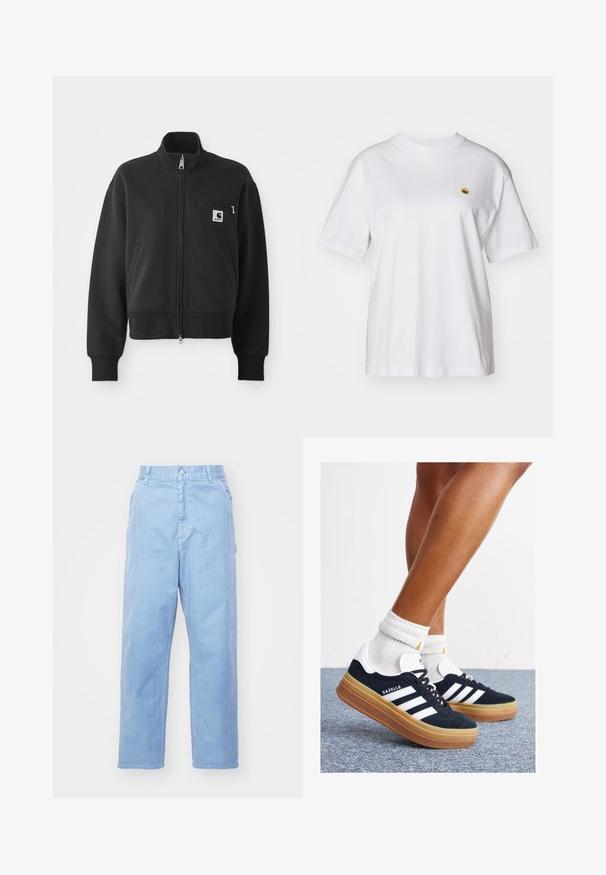 Schwarze, cropped Zip-Jacke mit hohem Kragen, Vorderentaschen und einer kleinen Brusttasche mit Logo-Akzent. Weicher Stoff.; Weißes Baumwoll-T-Shirt mit lockerem Schnitt, kurzen Ärmeln und einem kleinen gestickten Logo auf der linken Brustseite.; Hellblaue Denim-Hosen mit geradem Bein, Knopfverschluss und Fronttaschen. Der Stoff hat eine dezente Textur mit einer glatten Oberfläche.; Schwarze Wildledersneaker mit weißen Streifen und Akzenten, rundlicher Zehenbereich, Sohlen aus braunem Gummi, kombiniert mit weißen, gerippten Sneakersocken.