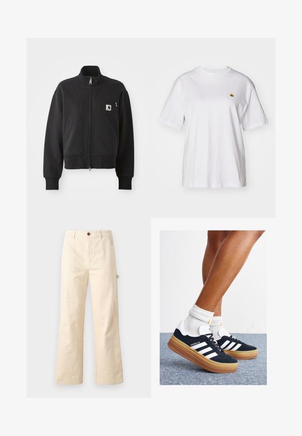 Svart zip-up jacka i en kort design, med hög krage, framfickor och en liten bröstficka med logotype. Mjuk tygtextur.; Vit bomull t-shirt med avslappnad passform, korta ärmar och en liten broderad logotyp på vänster bröstområde.; Vidbenade beige byxor i bomull med knäppning, som har sidofickor och en ren, minimalistisk design.; Svarta sneakers i mocka med vita ränder och detaljer, rundad tå, yttersula i gummiblandning, kombinerade med vita ribbade crew-strumpor.