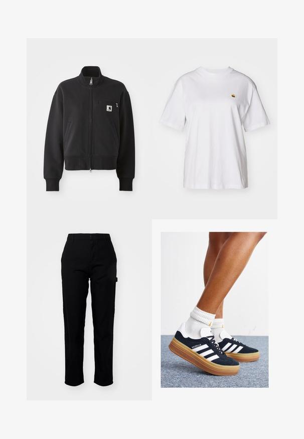 Sort zip-up jakke i en cropped design, med høj krave, frontlommer og en lille brystlomme med logoaccent. Blød stoftekstur.; Hvid bomulds-t-shirt med en afslappet pasform, korte ærmer og et lille broderet logo på venstre brystområde.; Carhartt WIP PIERCE PANT - Bukser - black; Sorte sneakers i ruskind med hvide striber og detaljer, rundet tå, ydersål i gummi, kombineret med hvide ribstrikkede crew sokker.