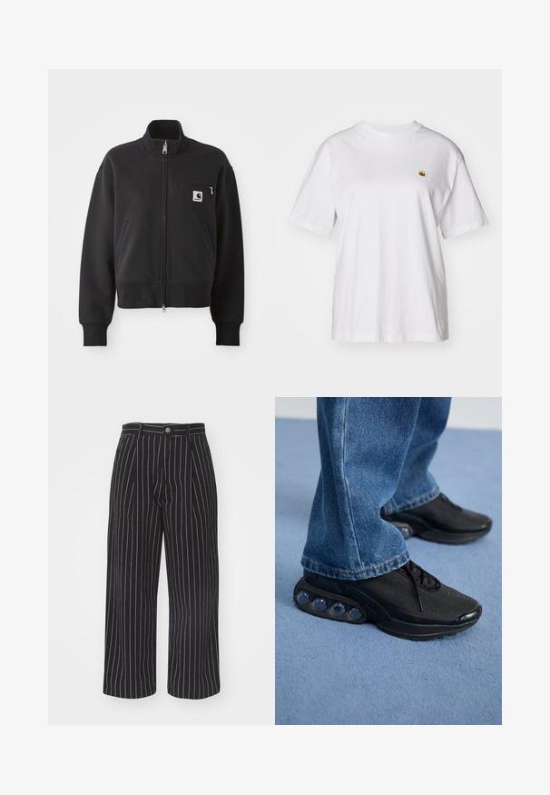 Črna zadrga jakna s skrajšano zasnovo, ki ima visok ovratnik, sprednje žepke in majhen žep na prsih z logotipom. Mehka tekstura tkanine.; Bela bombažna majica s sproščenim krojem, kratkimi rokavi in majhnim vezenim logotipom na levi strani prsnega predela.; Črne široke hlače z belimi črtami in visokim pasom, z zapiranjem na gumb spredaj in diskretno teksturirano tkanino.; Črne športne superge z mrežastim zgornjim delom, teksturiranimi poudarki in vidnimi zračnimi blazinicami v podplatu. Obute z modrimi kavbojkami.