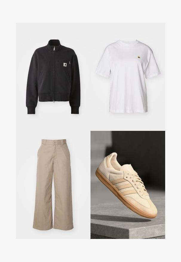 Svart zip-up jacka i en kort design, med hög krage, framfickor och en liten bröstficka med logotype. Mjuk tygtextur.; Vit bomull t-shirt med avslappnad passform, korta ärmar och en liten broderad logotyp på vänster bröstområde.; Beiga vida benbyxor gjorda av bomullsblandat tyg, med hög midja, strukturerad design och framfickor.; Ljusbeige mockasneaker med gummisula, tre diagonala ränder och en texturerad tåhuvud. Har logotyp på tungan och sidan.