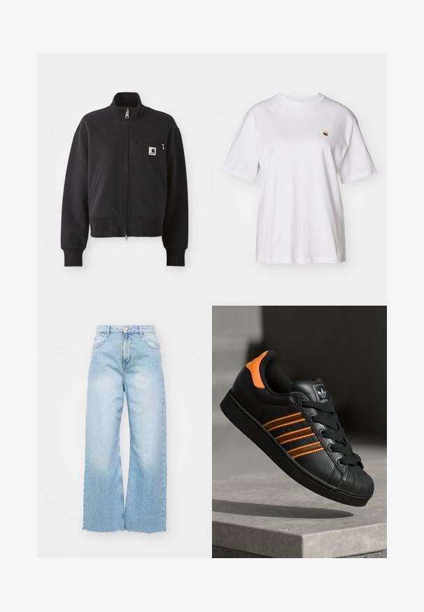 Chaqueta negra de cremallera en un diseño cropped, con un cuello alto, bolsillos frontales y un pequeño bolsillo en el pecho con un acento de logo. Textura de tela suave.; Camisa de algodón blanca con corte relajado, mangas cortas y un pequeño logotipo bordado en el área del pecho izquierdo.; Vaqueros anchos de denim de color azul claro, con cintura alta, detalles de desvanecimiento, cierre de botón y dobladillo sin rematar en la parte inferior.; Zapatilla negra con acentos naranjas, tres franjas horizontales, parte superior de cuero texturizado, punta de goma y cordones negros.