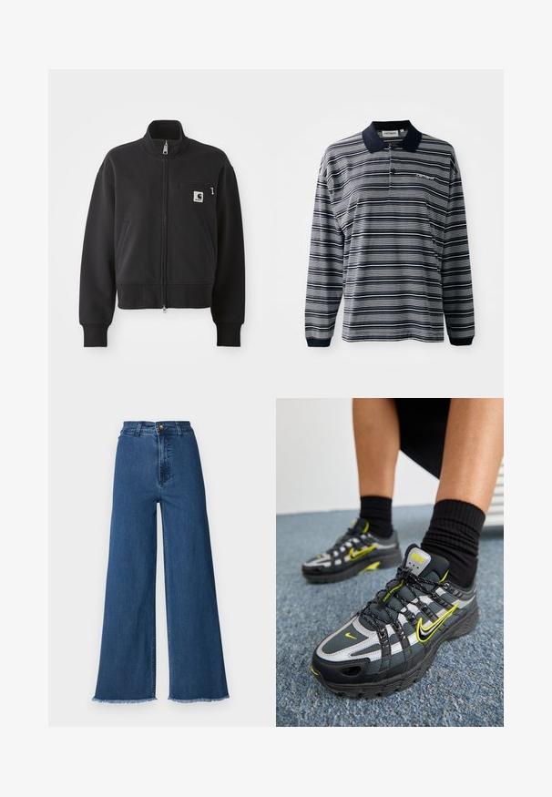 Veste zippée noire au design court, dotée d'un col haut, de poches avant et d'une petite poche poitrine avec un accent de logo. Texture de tissu douce.; Polo à manches longues bleu marine et blanches rayées, en tissu coton, avec un col, une patte de boutonnage à trois boutons, et un petit logo brodé sur la poitrine.; Billabong FREE FALL - Jean flare - brew; Chaussures de sport noires et grises avec des accents argentés réfléchissants, des panneaux en maille texturée et des détails en jaune vif. Design à lacets avec une semelle structurée.