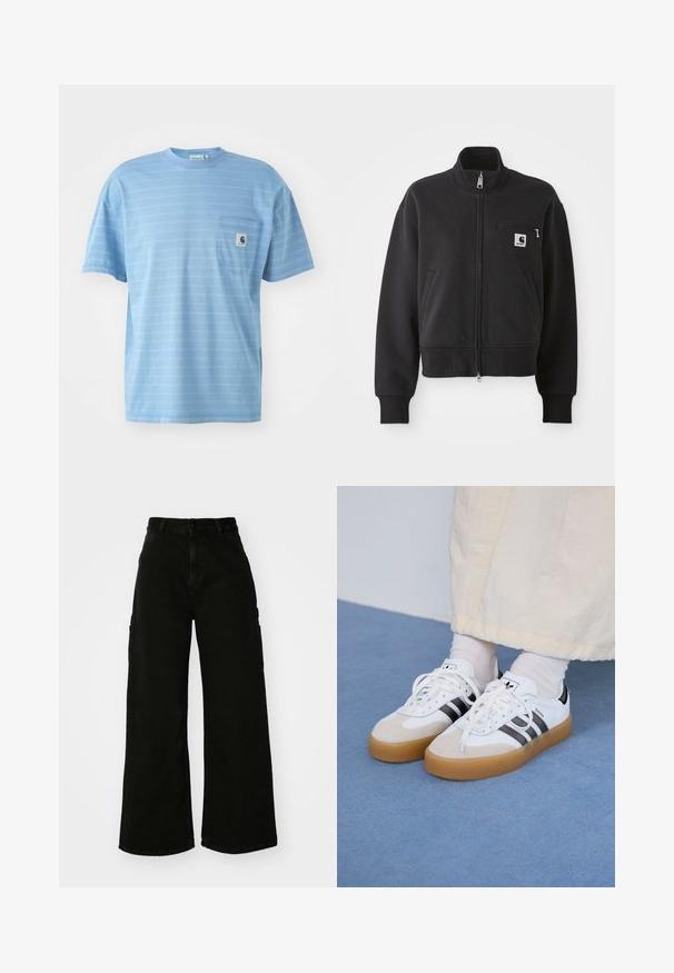 Svart zip-up jakke i en cropped design, med høy krage, frontlommer, og en liten brystlomme med logo-detalj. Myk tekstur.; Lyseblå t-skjorte med korte ermer og horisontale striper. Har en brystlomme med et logo-lapp. Laget av mykt bomullsmateriale.; Svart vide ben cargo bukser laget av denim, med høy midje, front knappestenging og sidelommer. Glatt tekstur med minimal søm.; Hvite sneakers med svarte striper og beige semsket skinn-detaljer. Har en teksturert gummisåle og flate hvite snører, brukt med lyse sokker.