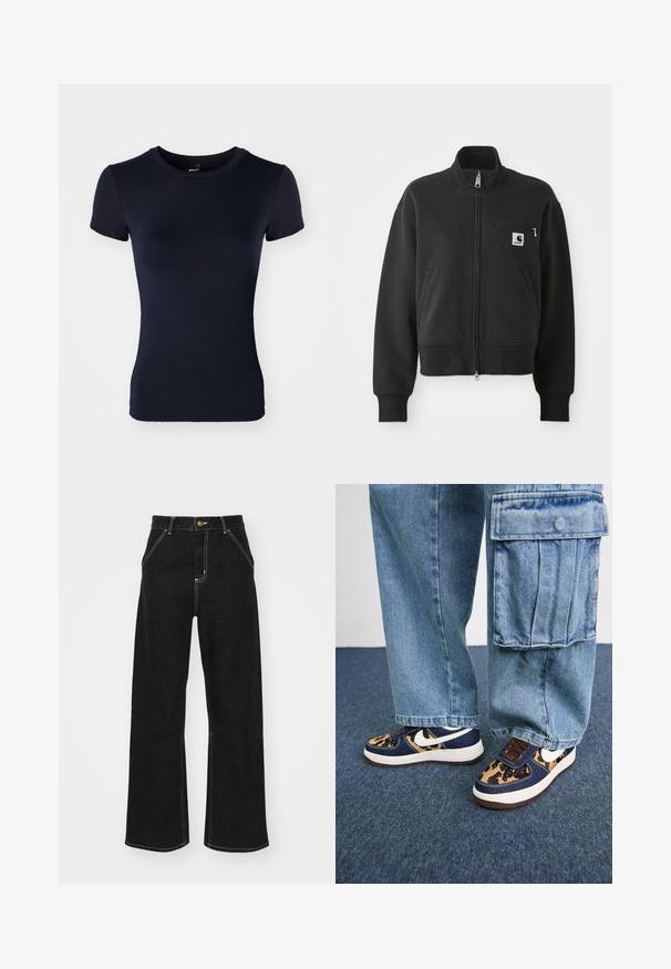 Melnā rāvējslēdzēja jaka īsā dizainā, ar augstu apkakli, priekšējiem kabatām un mazo krūšu kabatu ar logo akcentu. Mīkstas auduma tekstūra.; Tumši zils īsām piedurknēm t-krekls, kas izgatavots no gludas, stiepjamas auduma. Tam ir apaļa kakla izgriezums un pieguļoša silueta. Bez rakstiem vai apdares.; Melnas platajās biksēs, kas izgatavotas no denima, ar kontrastējošas baltas šuves un priekšējo pogu aizdari, kā arī divām slīpajām priekšējām kabatām.; Tumši zili sporta apavi ar leoparda raksta akcentiem, baltu Nike swoosh, brūnām šņorēm un baltu starpsoļu daļu. Saskaņoti ar gaišiem denim cargo biksēm.