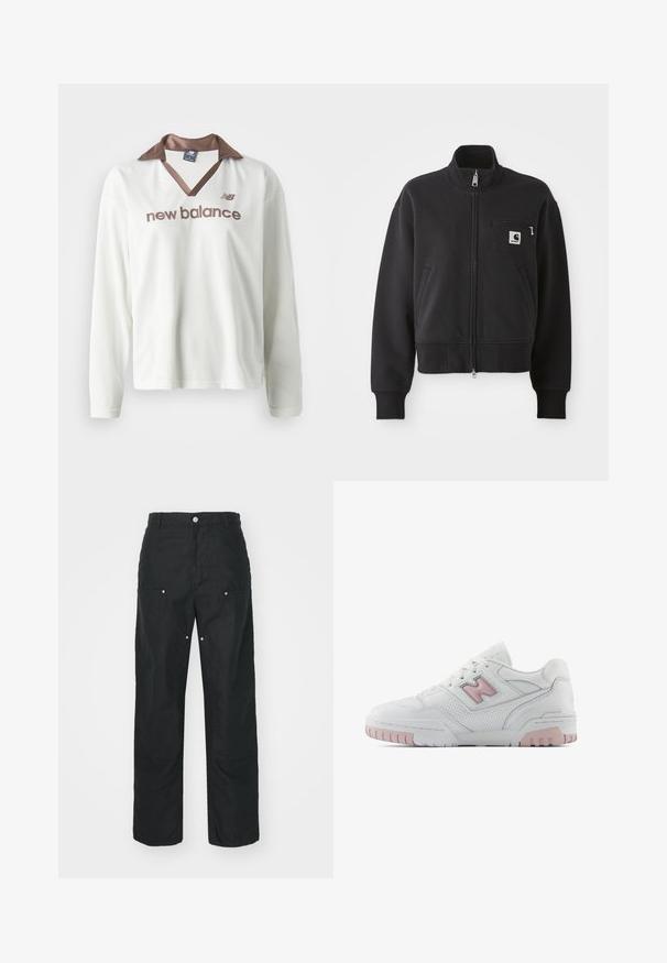 Zwarte zip-up jas in een cropped design, met een hoge kraag, voorzakken en een klein borstzakje met logo-accent. Zachte stoftextuur.; Witte netstructuur lange mouw shirt met een bruine satijnen kraag. Bevat het "new balance" logo in bruin op de voorkant. Casual sportdesign.; Zwarte broek met een rechte pijpdesign, gemaakt van een textuurstof. Bevat decoratieve zilveren hardware en unieke naaddetails.; Witte sportieve schoen met roze accenten. Beschikt over glad leer, geperforeerde secties en een dikke rubberen zool. Veters zijn van standaardstijl.