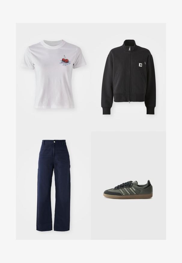 Crna zip-up jakna u skraćenom dizajnu, s visokim ovratnikom, prednjim džepovima i malim džepom na prsima s akcentom logotipa. Mekana tekstura tkanine.; Bijela pamučna majica s grafikom trešnje i natpisom "Conchita WIP" u plavoj boji. Kratki rukavi i dizajn s okruglim izrezom.; Mornarskoplave široke cargo hlače od čvrste pamučne tkanine, sa bočnim džepovima i dugmetom za zatvaranje u struku.; adidas Originals SAMBA OG - Tenisice - core black/legend earth/gum