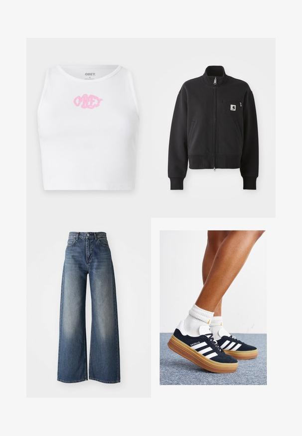 Svart zip-up jakke i en cropped design, med høy krage, frontlommer, og en liten brystlomme med logo-detalj. Myk tekstur.; Hvit ribbet crop topp med en rosa "OBEY" logo i midten. Designet med rund hals og uten ermer.; Blå høy midje vide ben jeans med knapp foran og lommer, falmet tekstur på lårene og rett kant.; Svarte sneakers i semsket skinn med hvite striper og detaljer, rund tå, yttersåle i gummigummi, kombinert med hvite ribbestrikkede crew-sokker.