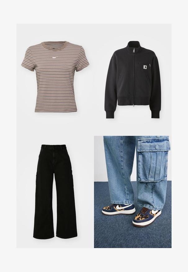 Melnā rāvējslēdzēja jaka īsā dizainā, ar augstu apkakli, priekšējiem kabatām un mazo krūšu kabatu ar logo akcentu. Mīkstas auduma tekstūra.; Brūns un balts svītrots īso piedurkņu t-krekls ar apaļu kakla izgriezumu un mazu baltu logotipu uz krūtīm. Izgatavots no mīkstas kokvilnas auduma.; Melni platā kāju kravas bikses no denima, ar augstu vidukli, priekšējo pogu aizdari un sānu kabatām. Gluda tekstūra ar minimālu šuvju skaitu.; Tumši zili sporta apavi ar leoparda raksta akcentiem, baltu Nike swoosh, brūnām šņorēm un baltu starpsoļu daļu. Saskaņoti ar gaišiem denim cargo biksēm.