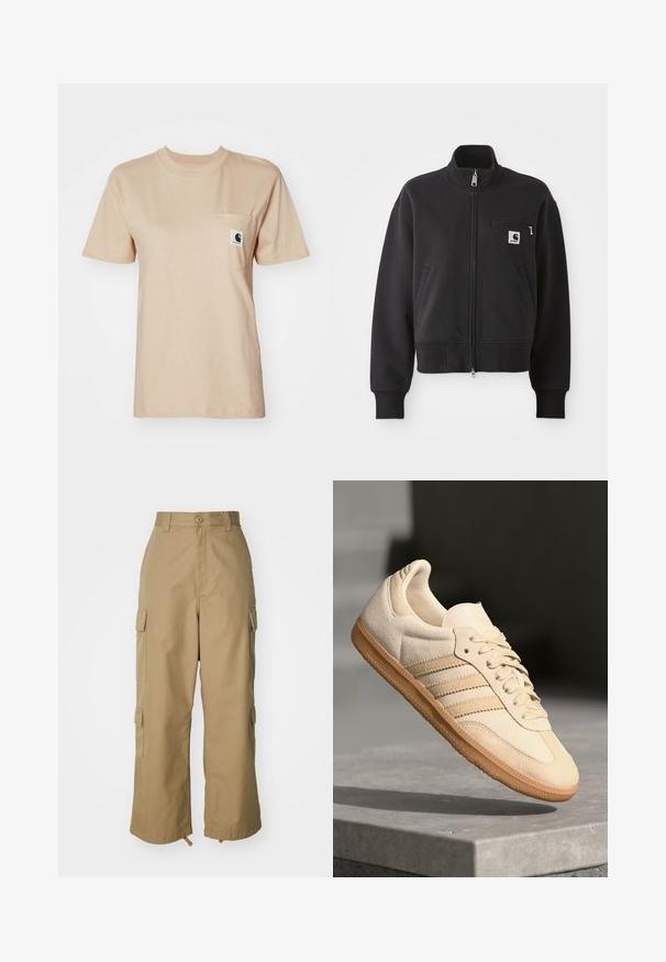 Schwarze, cropped Zip-Jacke mit hohem Kragen, Vorderentaschen und einer kleinen Brusttasche mit Logo-Akzent. Weicher Stoff.; Beige Baumwoll-T-Shirt mit rundem Halsausschnitt, kurzen Ärmeln und einer Brusttasche mit einem kleinen Logo-Patch. Glatte Textur und schlichtes Design.; Beige Cargo-Hosen mit hoher Taille, weitem Bein und vier großen Seitentaschen. Aus strapazierfähigem Stoff mit glatter Textur und minimalen Details.; Helle beigetöne Wildledersneaker mit Gumminsohle, drei schrägen Streifen und einer strukturierten Zehenkappe. Mit Logo auf der Zunge und der Seite.