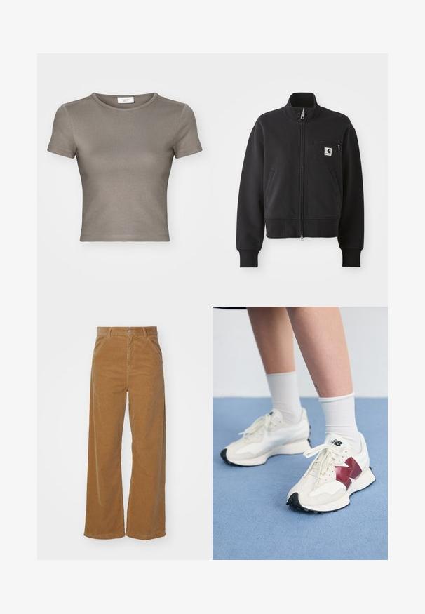 Jachetă neagră cu fermoar, în design scurt, cu guler înalt, buzunare frontale și un mic buzunar pe piept cu accent logo. Textură moale a materialului.; Tricou cu mânecă scurtă și gât rotund, de culoare taupe, fabricat din bumbac neted. Are un design ajustat și cusături fine pe marginea de jos și pe mâneci.; Pantaloni largi din catifea maro, cu o textură ușor striată, având închidere frontală cu buton și buzunare pe lateral.; O pereche de adidași albi cu accente vișinii, panouri texturate, talpă neagră plată și șireturi ușoare, purtați cu șosete albe până la gleznă.