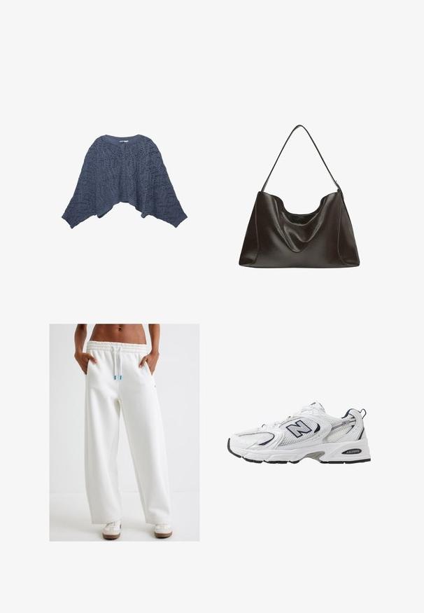 Kudottu villatakki tummansinisessä värissä, avoimella etuosalla, pitsikuvioilla ja leveillä hihoilla. Etuosassa viisi nappia parantaa muotoilua.; Pitkähihainen paita tummanruskeasta rypistyneestä kankaasta. Ominaisuuksia korkea kaulus, jossa on solmiyksityiskohta, ja napitettavat hihat. Sileä, kevyt rakenne.; Valkoiset, leveät collegehousut, joissa on joustava vyötärö ja nauhakuja. Sisältää sivutaskut ja sileän pinnan. Yhdistetty valkoisiin lenkkareihin.; Valkoinen urheilushoe, jossa on verkkomateriaali päällä, laivastonsiniset yksityiskohdat ja pehmeä pohja. Varustettu "N"-logolla, nauhoilla ja teksturoidulla yksityiskohdalla sivussa.; Suuri tumma ruskea nahkainen laukku, jossa on sileä pinta, löysä muoto ja yksi olkahihna. Ominaisuutena kaareva yläaukko.