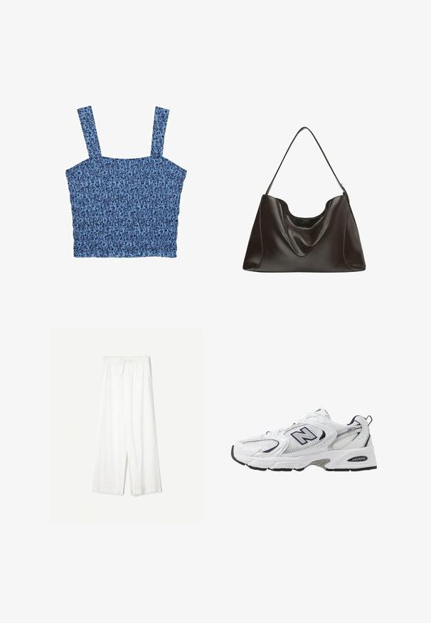 Gebreide cardigan in donkerblauw met een open voorkant, kantpatroon en brede mouwen. Vijf knopen aan de voorkant verfraaien het ontwerp.; Blauwe cropped top met verstelbare bandjes, voorzien van een smockstructuur en bloemmotief in donkerdere blauwtinten.; Witte wijde broek met een trekkoord in de taille, weergegeven tegen een effen achtergrond, wat de ontspannen stijl en de textuur van de stof benadrukt.; Witte sport schoen met mesh bovenkant, marineblauwe accenten en een gehoorzaamde zool. Bevat het "N" logo, veters en een gestructureerde detail aan de zijkant.; Grote donkerbruine leren tas met een gladde textuur, slouchy vorm en een enkele schouderband. Heeft een gebogen bovenopening.