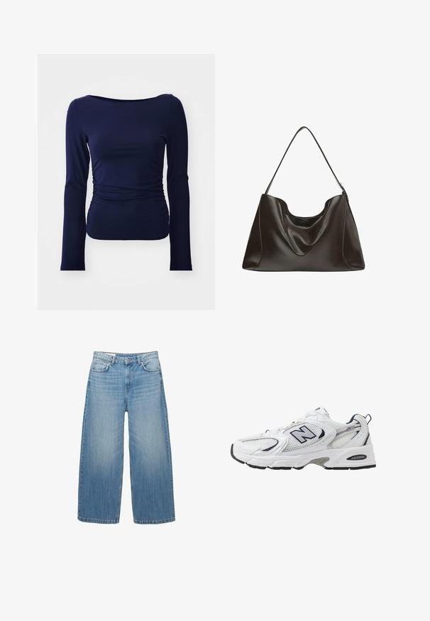 Stickad kofta i mörkblått med öppen front, spetsmönster och vida ärmar. Fem knappar framtill framhäver designen.; Marinblå långärmad topp i mjukt och stretchigt tyg med rundad halsringning och samlad sidodetalj, som ger en figurnära silhuett.; Ljusblå vida jeans i denim, med en klassisk femfickdesign och knappstängning. Urblekt textur genom hela plagget.; Vit sportskor med överdel i mesh, marinblå accenter och dämpad sula. Har "N"-logotyp, snörning och texturerad detalj på sidan.; Stor mörkbrun läderväska med en slät textur, vaggande form och en enda axelrem. Har en krökt öppning upptill.