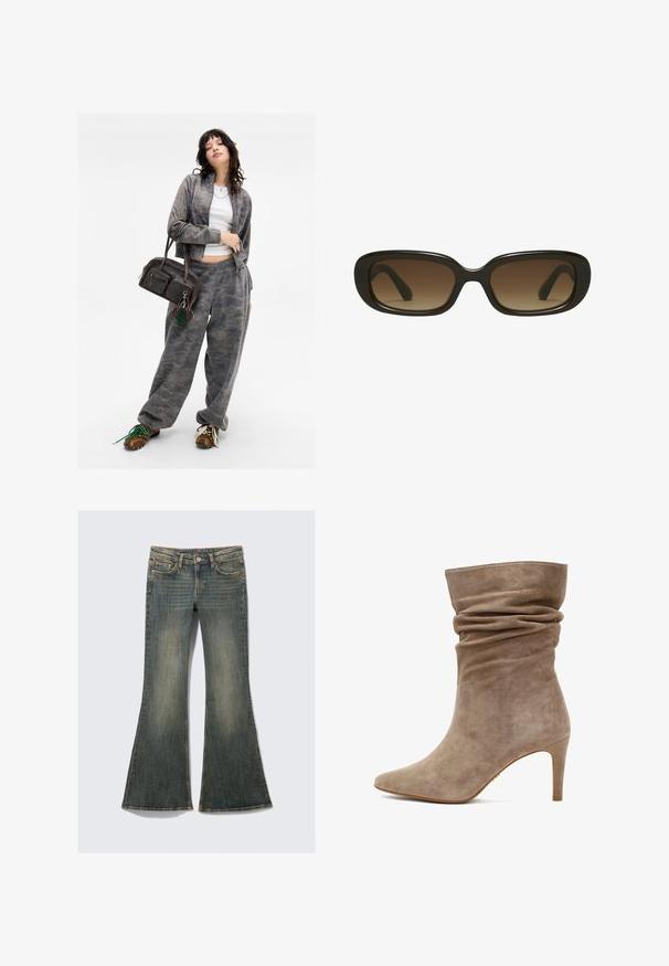 Veste zippée à motif camouflage gris avec un pantalon de survêtement assorti. Sac à main marron avec deux poches zippées et un accent porte-clés vert. Chaussures marron.; T-shirt à manches longues en coton beige clair. Col rond avec ourlet droit, coutures minimales et texture lisse. Design simple sans motifs ni embellissements.; Jeans en denim évasés d'une couleur bleue délavée avec un design classique à cinq poches, présentant une légère texture et des accents de couture visibles.; Bottine en suède taupe avec un design lâche, une pointe pointue et un talon haut élancé. Présente une texture douce et un subtil détail de couture.; Lunettes de soleil avec une large monture noire rectangulaire et des verres dégradés marron. Texture lisse avec des bords légèrement incurvés.; Sac en cuir noir tissé avec une poignée arrondie et un corps en forme de croissant sur un fond uni.