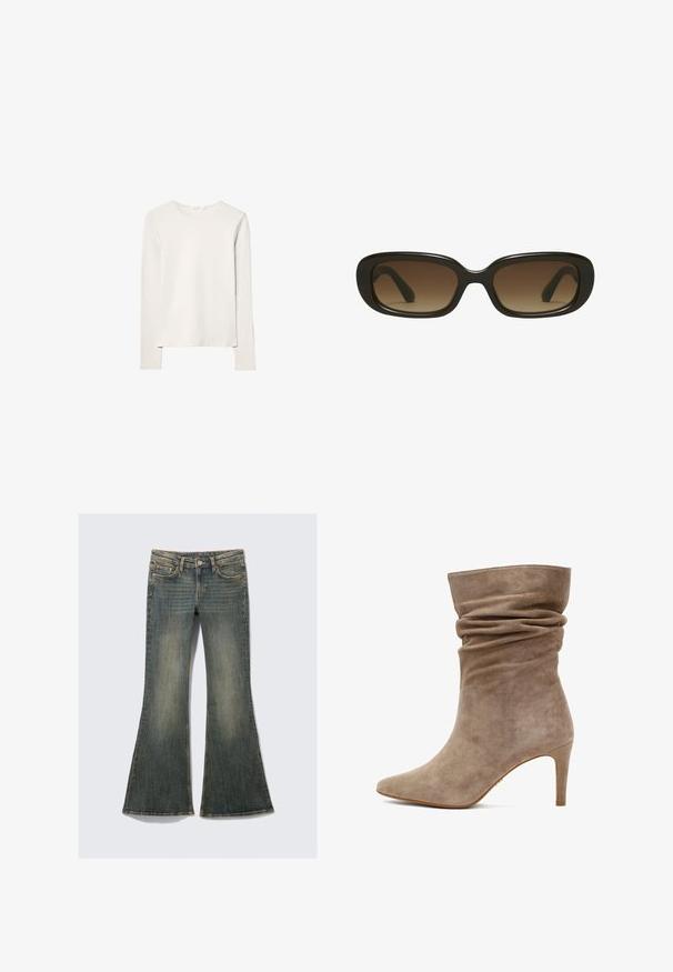 Gray camouflage patterned zip-up jacket with matching sweatpants. Brown handbag with two zippered pockets and green keychain accent. Brown shoes.; Long-sleeve top in light beige cotton. Crew neck with straight hem, minimal seams, and smooth texture. Simple design without patterns or embellishments.; Flared denim jeans in a faded blue color with a classic five-pocket design, featuring a slight texture and visible stitching accents.; Taupe suede ankle boot with a slouchy design, pointed toe, and a slim high heel. Features soft texture and subtle stitching detail.; Sunglasses with a wide, rectangular black frame and gradient brown lenses. Smooth texture with slightly curved edges.; Black leather woven shoulder bag with a rounded handle and crescent-shaped body on a plain background.