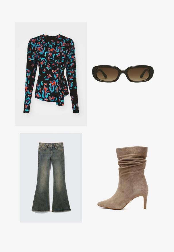 Chaqueta con patrón de camuflaje gris y cierre completo, combinada con pantalones deportivos a juego. Bolso marrón con dos bolsillos con cremallera y un acento de llavero verde. Zapatos marrones.; Top negro de manga larga con un patrón floral colorido en rojo, turquesa y azul, con un detalle de nudo en la cintura.; Jeans de denim acampanados en un color azul desvaído con un diseño clásico de cinco bolsillos, que cuentan con una ligera textura y acentos de costura visibles.; Botín de ante topo con un diseño arrugado, punta afilada y un tacón alto y delgado. Presenta una textura suave y un sutil detalle de costura.; Gafas de sol con un amplio marco rectangular negro y lentes marrón degradado. Textura suave con bordes ligeramente curvados.; Bolso de hombro de cuero negro trenzado con un asa redondeada y un cuerpo en forma de media luna sobre un fondo liso.