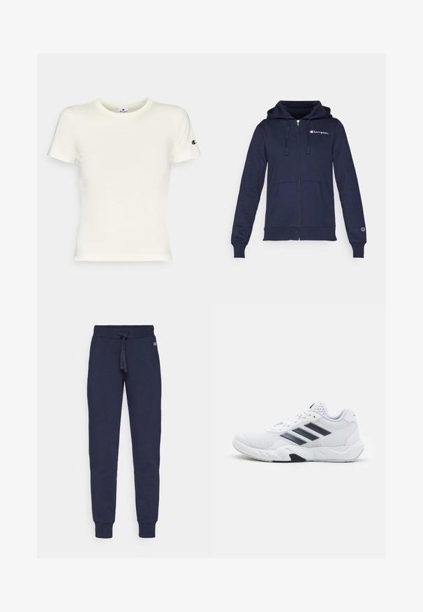 Marineblauwe zip-up hoodie van zachte stof, met een kangoeroezak, een capuchon met trekkoord en een geborduurd logo op de borst.; Crème kleurige t-shirt met korte mouwen van katoen, met een ronde hals en geborduurd logo op de linker mouw. Soepele textuur, klassieke pasvorm.; Navy blauwe sweatpants van een zachte stof, met een koord in de taille, taps toelopende pijpen en ribbels aan de boorden. Kleine logo detail op de heup.; Witte sportieve schoen met een bovenwerk van mesh, drie zwarte strepen aan de zijkant, gestructureerde accenten en een stevige rubberen zool met een contrasterend zwart gedeelte.