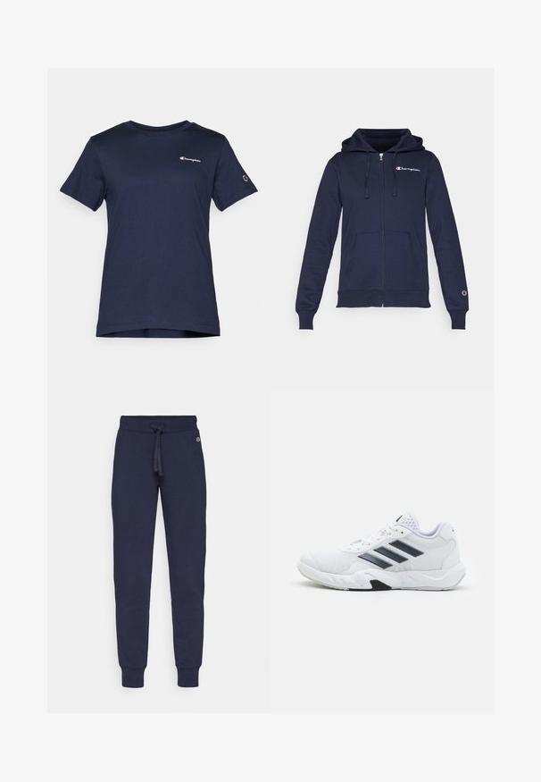 Sötétkék cipzáras kapucnis pulóver, puha anyagból készült, kenguru zsebbel, húzózsinórral ellátott kapucnival és hímzett logóval a mellkason.; Sötétkék pamut póló rövid ujjakkal, kerek nyakkivágással és egy kis Champion logóval a mellrészen. Egyenesen vágott alj.; Tengerészkék, puha anyagból készült melegítőnadrág, húzózsinórral a deréknál, tapered lábakkal és bordás szegélyekkel. Kicsi logó részlet a csípőn.; Fehér sportcipő, hálós felsőrésszel, az oldalon három fekete csíkkal, textúrázott részletekkel és egy tartós gumi talppal, amelynek ellentétes fekete szakasza van.