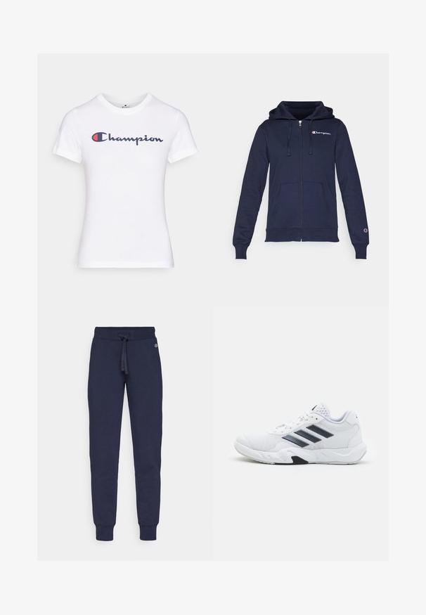 Marineblauwe zip-up hoodie van zachte stof, met een kangoeroezak, een capuchon met trekkoord en een geborduurd logo op de borst.; Witte katoenen t-shirt met een ronde hals en korte mouwen, versierd met een marineblauw en rood "Champion" logo op de borst.; Navy blauwe sweatpants van een zachte stof, met een koord in de taille, taps toelopende pijpen en ribbels aan de boorden. Kleine logo detail op de heup.; Witte sportieve schoen met een bovenwerk van mesh, drie zwarte strepen aan de zijkant, gestructureerde accenten en een stevige rubberen zool met een contrasterend zwart gedeelte.