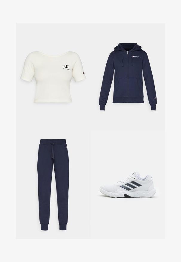 Tumši zila uzvelkama maka made no mīkstas auduma, ar kanguru kabatu, aukliņu kapuci un izšūtu logo uz krūtīm.; Sagriezta, krēmkrāsas T-kreklu izgatavota no ribota auduma. Uz kreisā krūšu ir melns Champion logo un neliels logo uz piedurknes.; Tumši zili treniņbikses, kas izgatavotas no mīksta materiāla, ar auklu viduklī, sašaurinātām kājām un ribotām piedurknēm. Neliela logotipa detaļa gurnā.; Baltā sporta apavi ar sietu augšdaļu, trīs melnām svītrām sānos, teksturētām akcentiem un izturīgu gumijas zoli ar kontrastējošu melnu daļu.